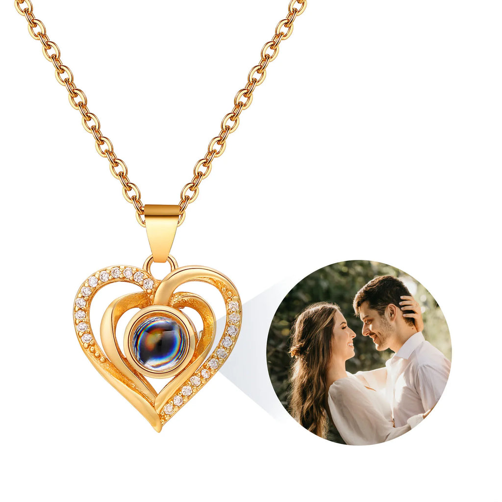 Personalized Heart Photo Necklace | Cubic Zirconia Pendant Custom Photo Necklace SPOT PNB-280G