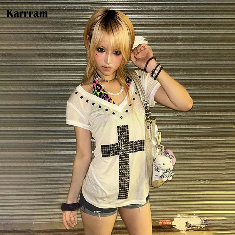 Y2K Metal Cross Print Sheer T-Shirt | Harajuku V-Neck Top Streetwear T-Shirt SPOT white L
