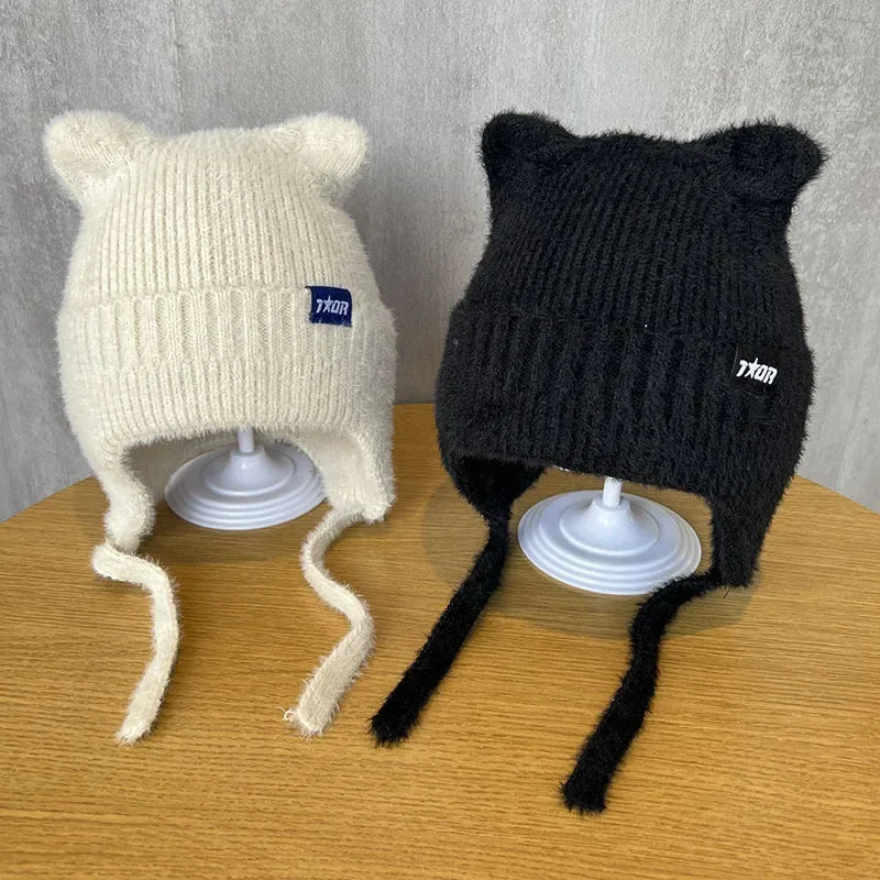 Cat Ear Knitted Beanie Hat – Soft Windproof Winter Cap Knitted Beanie Hat SPOT
