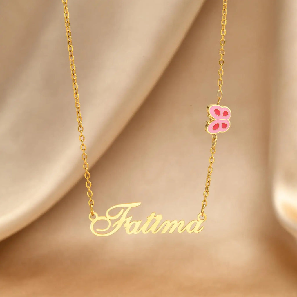 Custom Butterfly Name Necklace – Gold Plated & Pink Enamel Custom Name Necklace SPOT