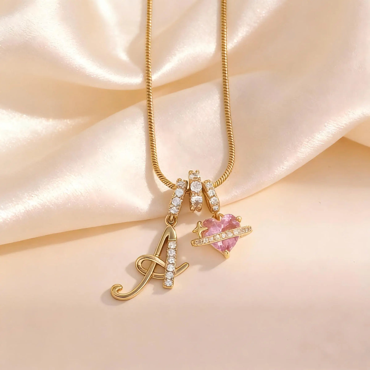 Initial Letter Necklace – Pink Crystal Heart Pendant, 18K Gold Initial Pendant Necklace SPOT