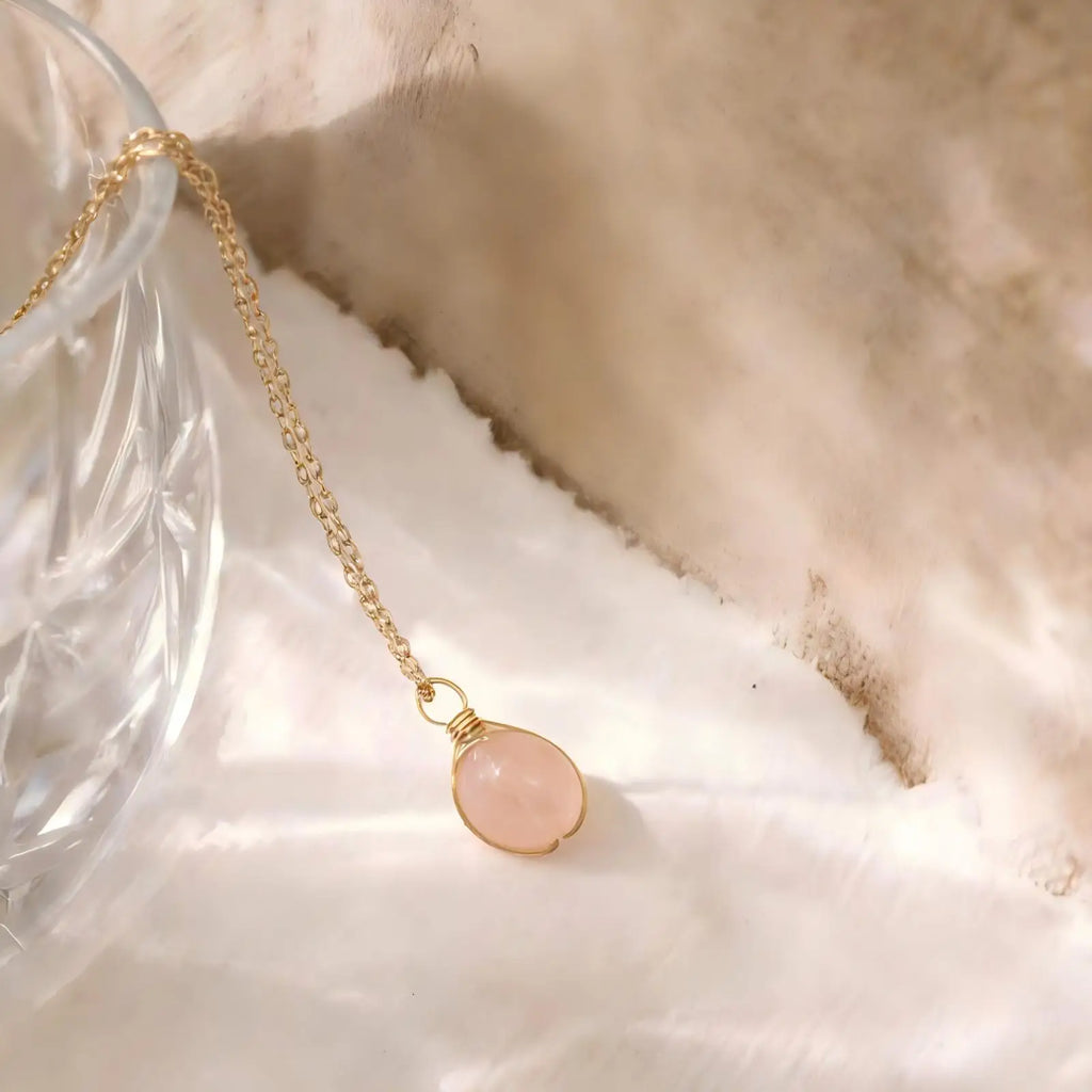 Natural Rose Quartz Crystal Pendant Necklace | Gold Link Chain Crystal Pendant Necklace SPOT