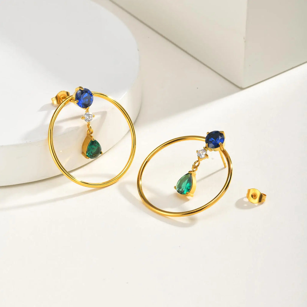 Geometric CZ Dangle Stud Earrings – Gold Stainless Steel Dangle Stud Earrings SPOT