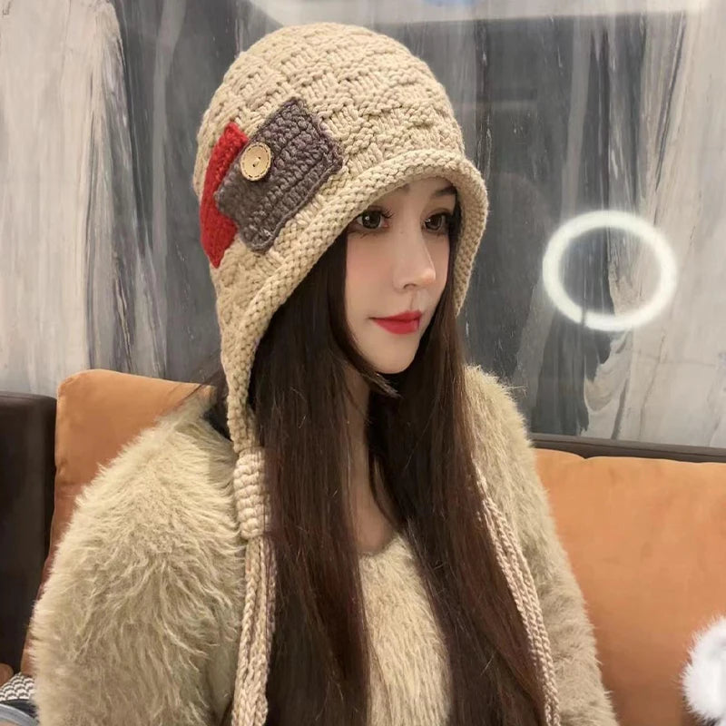 Women's Braided Knit Beanie – Tassel Patch Winter Hat Knit Beanie Hat SPOT