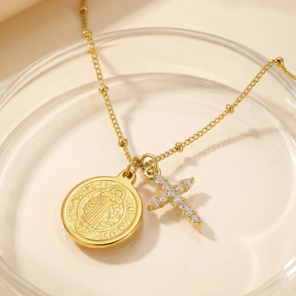St Benedict Medal Cross Necklace – 18K Gold Stainless Steel Religious Pendant Necklace SPOT