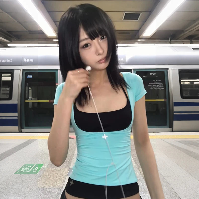 Y2K Fake Two-Piece Halter Top – Harajuku Patchwork Tee Patchwork Halter Tee SPOT