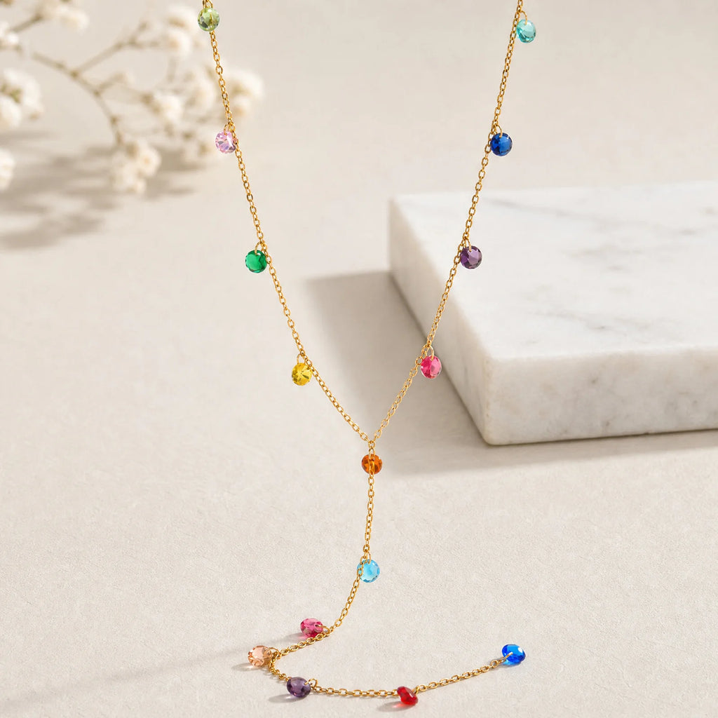 Colorful CZ Lariat Y Drop Necklace – 18K Gold Plated Steel Lariat Drop Necklace SPOT