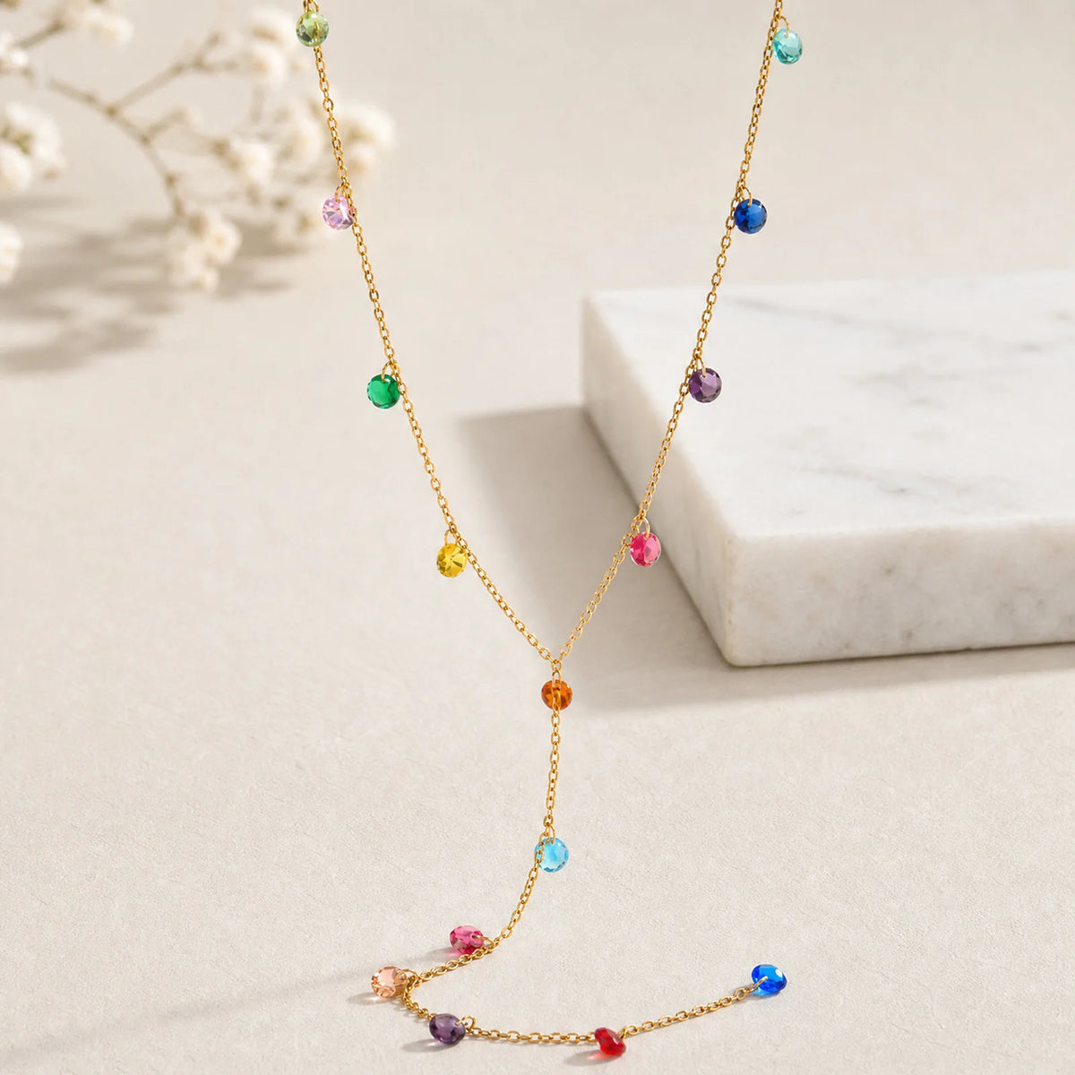 Colorful CZ Lariat Y Drop Necklace – 18K Gold Plated Steel Lariat Drop Necklace SPOT