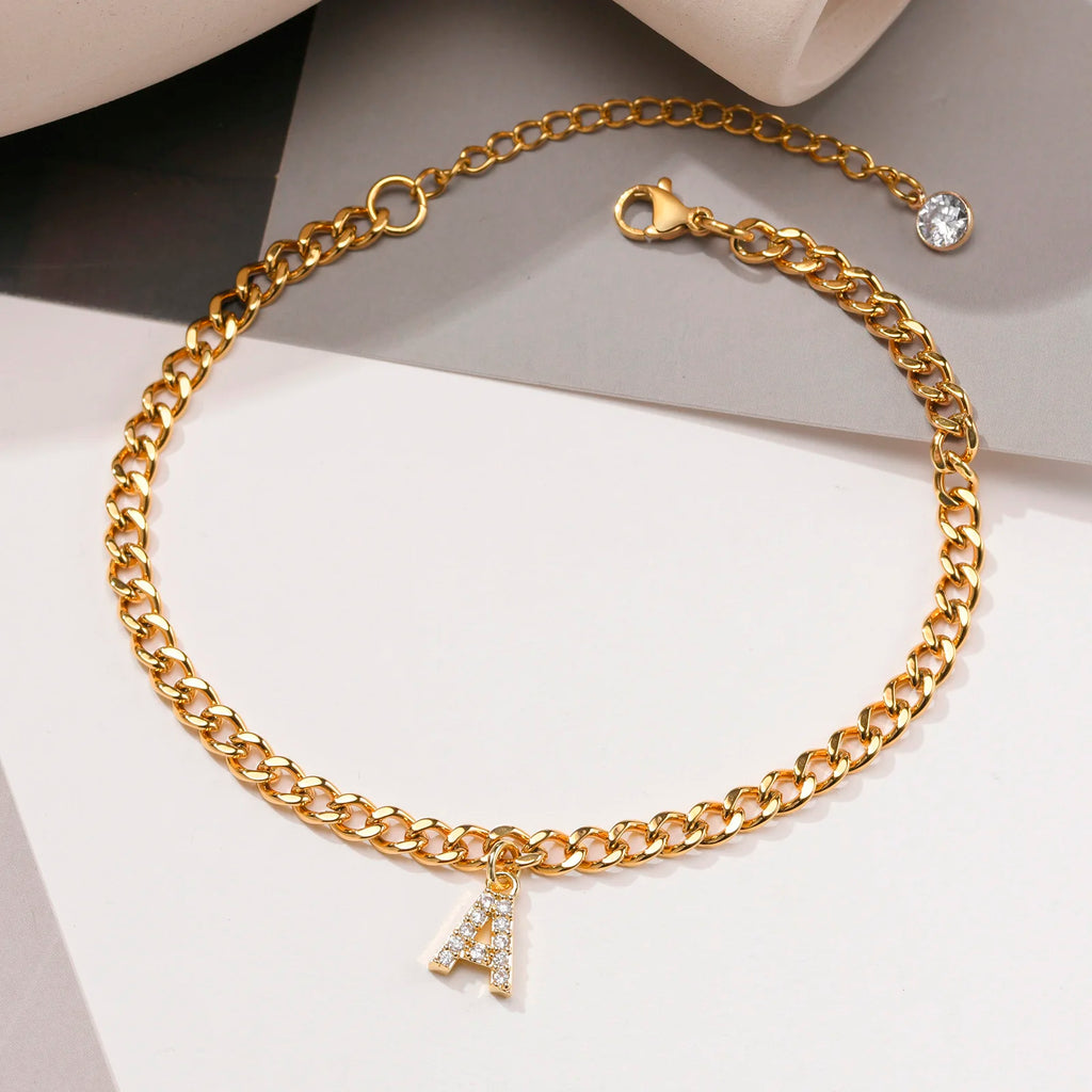 A–Z Initial Letter Anklet – CZ Cuban Link Gold Foot Chain Initial Letter Anklet SPOT