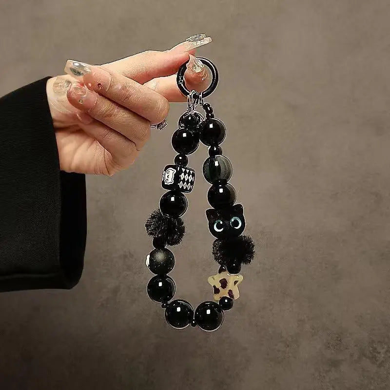 Fluffy Black Cat Phone Wrist Strap – Beaded Chain Lanyard Phone Wrist Strap SPOT