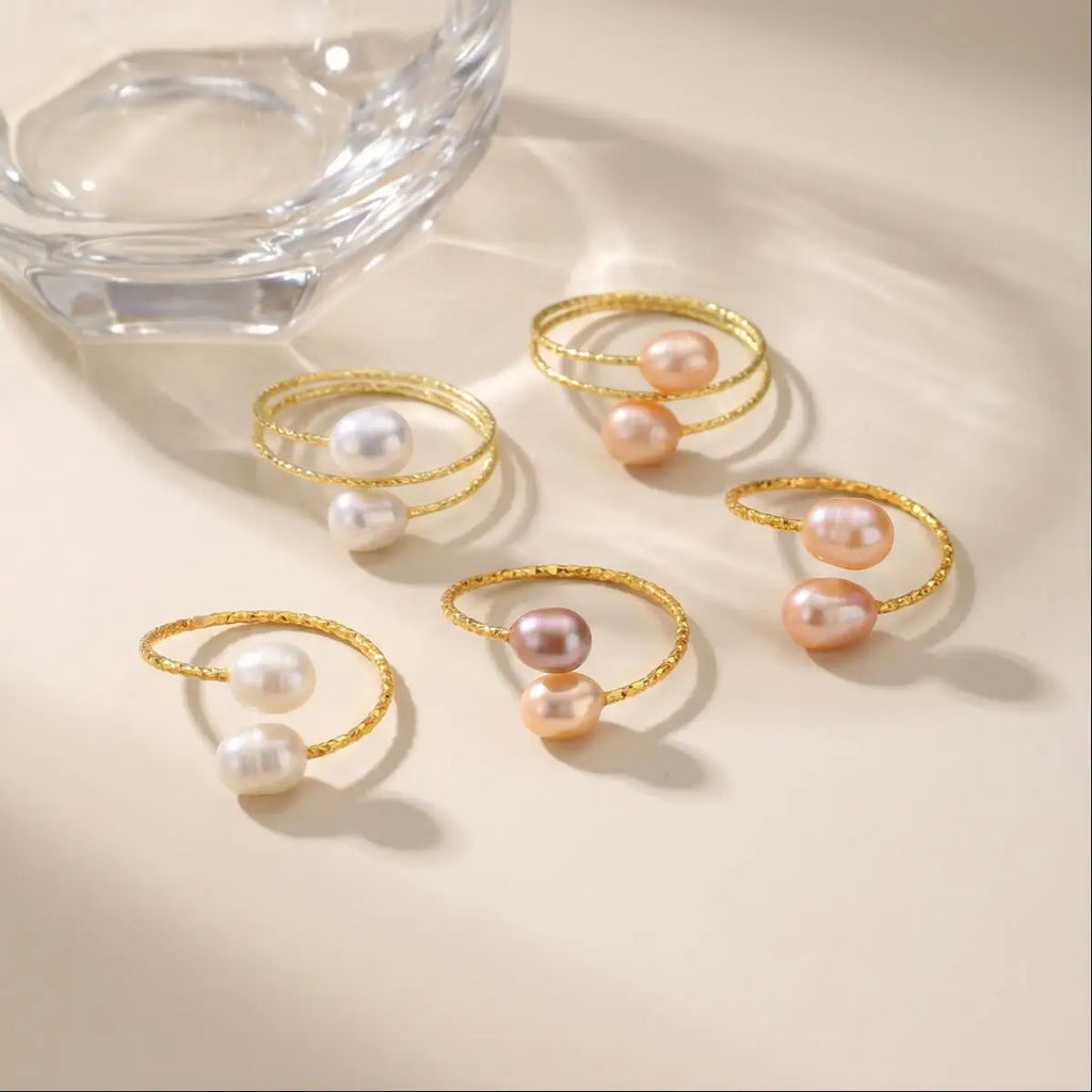 Freshwater Pearl Open Ring – 18K Gold Plated Adjustable Double Layer Pearl Fashion Ring SPOT