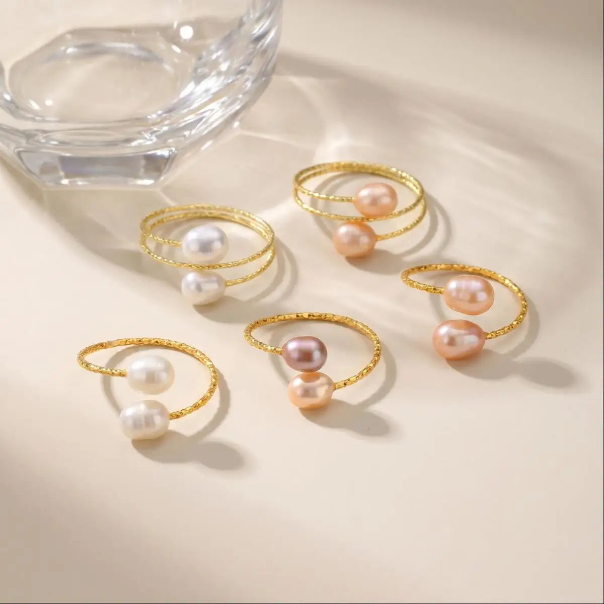 Freshwater Pearl Open Ring – 18K Gold Plated Adjustable Double Layer Pearl Fashion Ring SPOT
