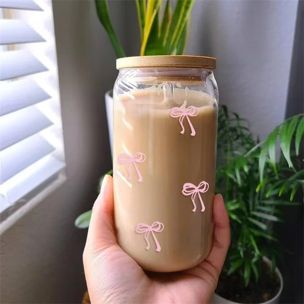 Cute Bow Glass Tumbler 500ml – Mason Jar Cup with Lid & Straw Glass Tumbler Cup SPOT