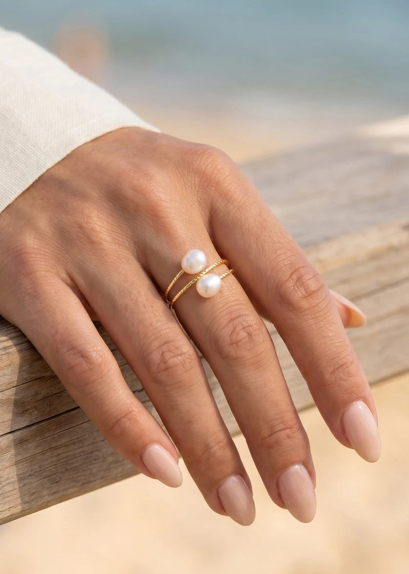 Freshwater Pearl Open Ring – 18K Gold Plated Adjustable Double Layer Pearl Fashion Ring SPOT