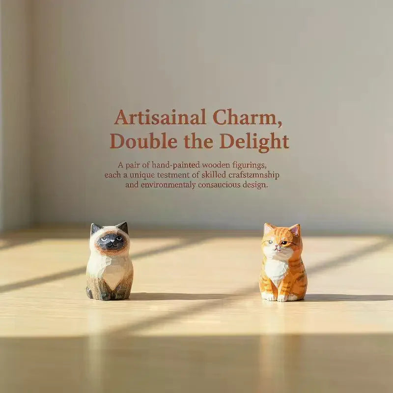 Wooden Mini Cat & Dog Figurines – Hand-Painted Desktop Decor Wooden Animal Figurine SPOT