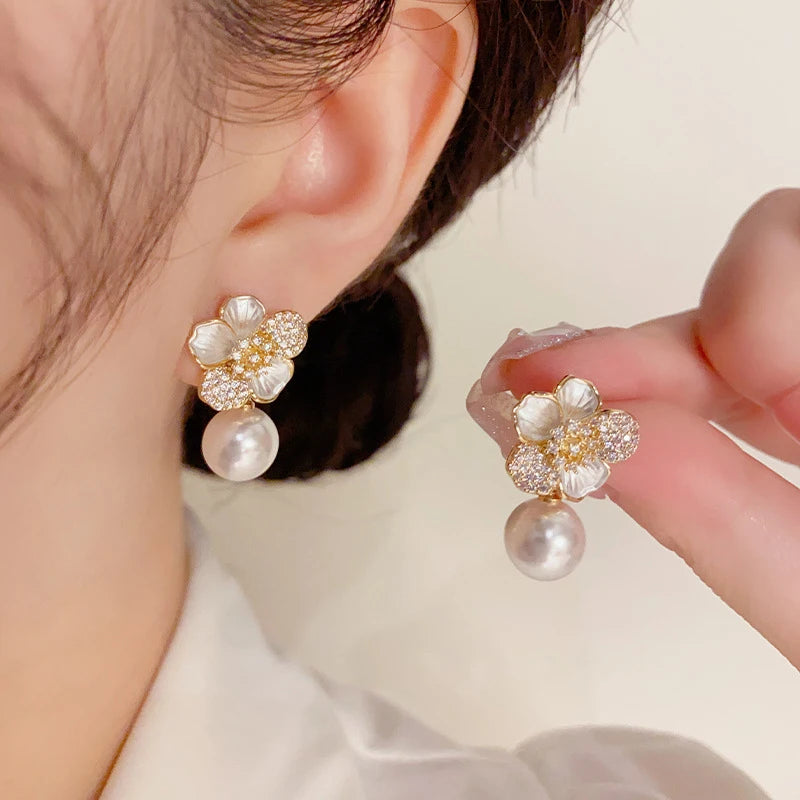 Sweet Flower Enamel Pearl Stud Earrings for Women & Girls Fashion Stud Earrings SPOT