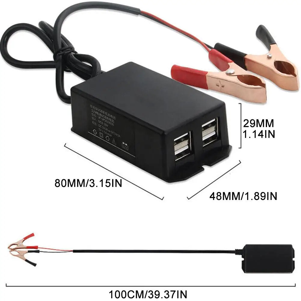 4-Port USB Car & Motorcycle Charging Hub – DC 12V 24V Battery Clip Vehicle USB Charger SPOT