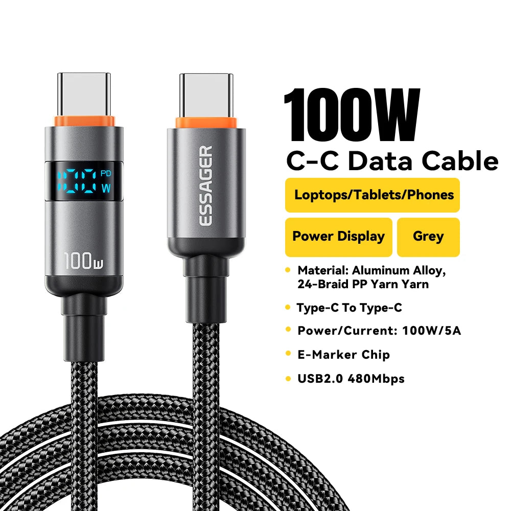 Essager 100W USB-C Cable 5A PD Fast Charging with LED USB-C Charging Cable SPOT 100W C -C Black 2m China Mainland
