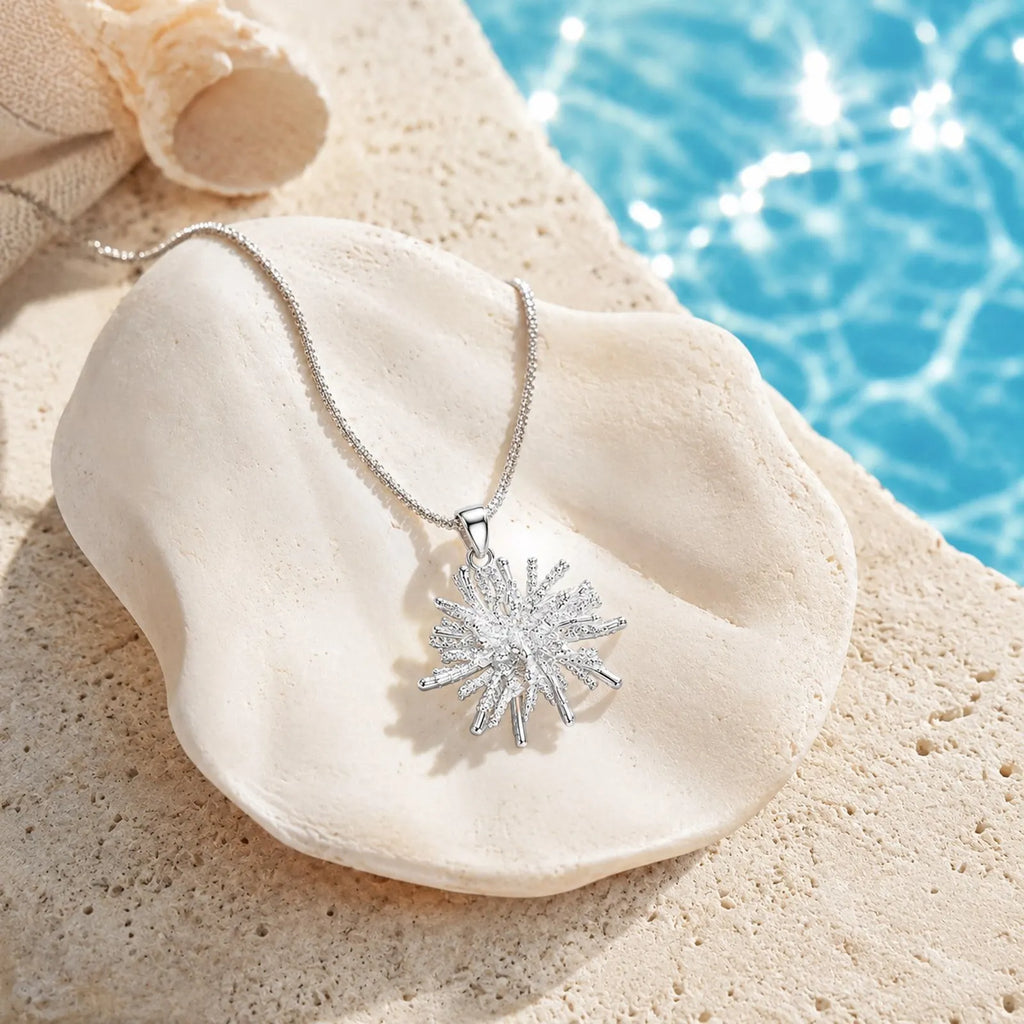 Sparkling CZ Starburst Pendant Necklace – Silver Statement Jewelry Pendant Necklace SPOT