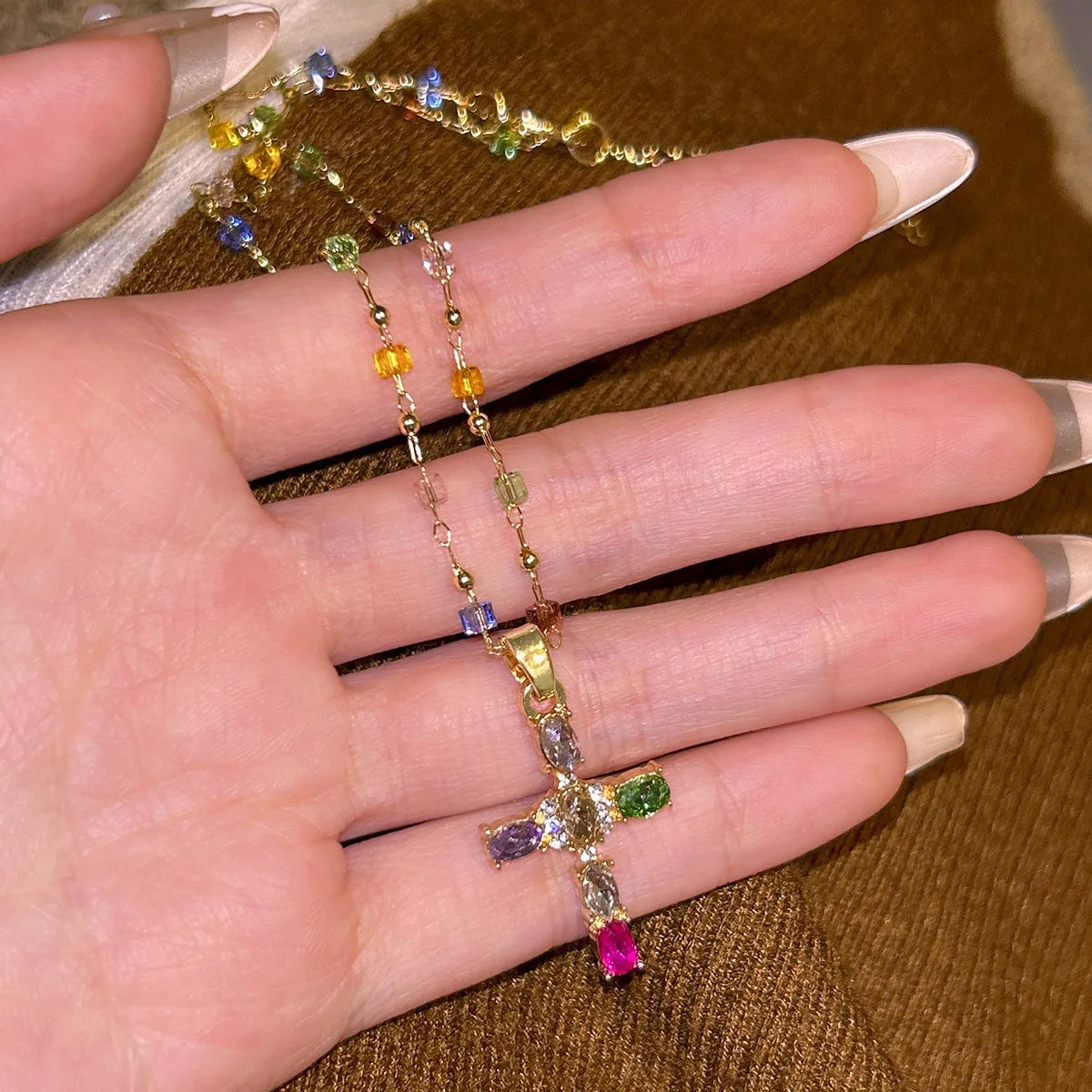 Rainbow Crystal Cross Necklace – Zircon Boho Clavicle Chain Pendant Necklace SPOT