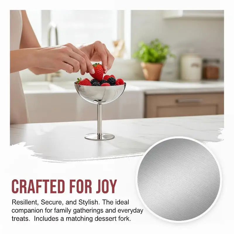 Stainless Steel Stemmed Ice Cream Cup with Fork – Fine Dining Dessert Serving Bowl SPOT