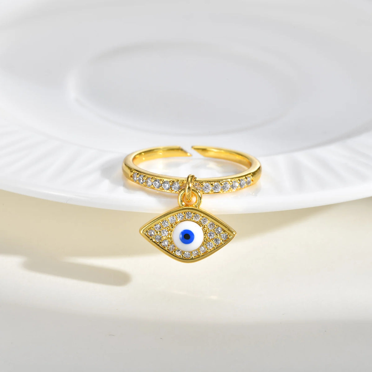 Turkish Blue Evil Eye CZ Open Ring – 18K Gold Adjustable Fashion Ring SPOT