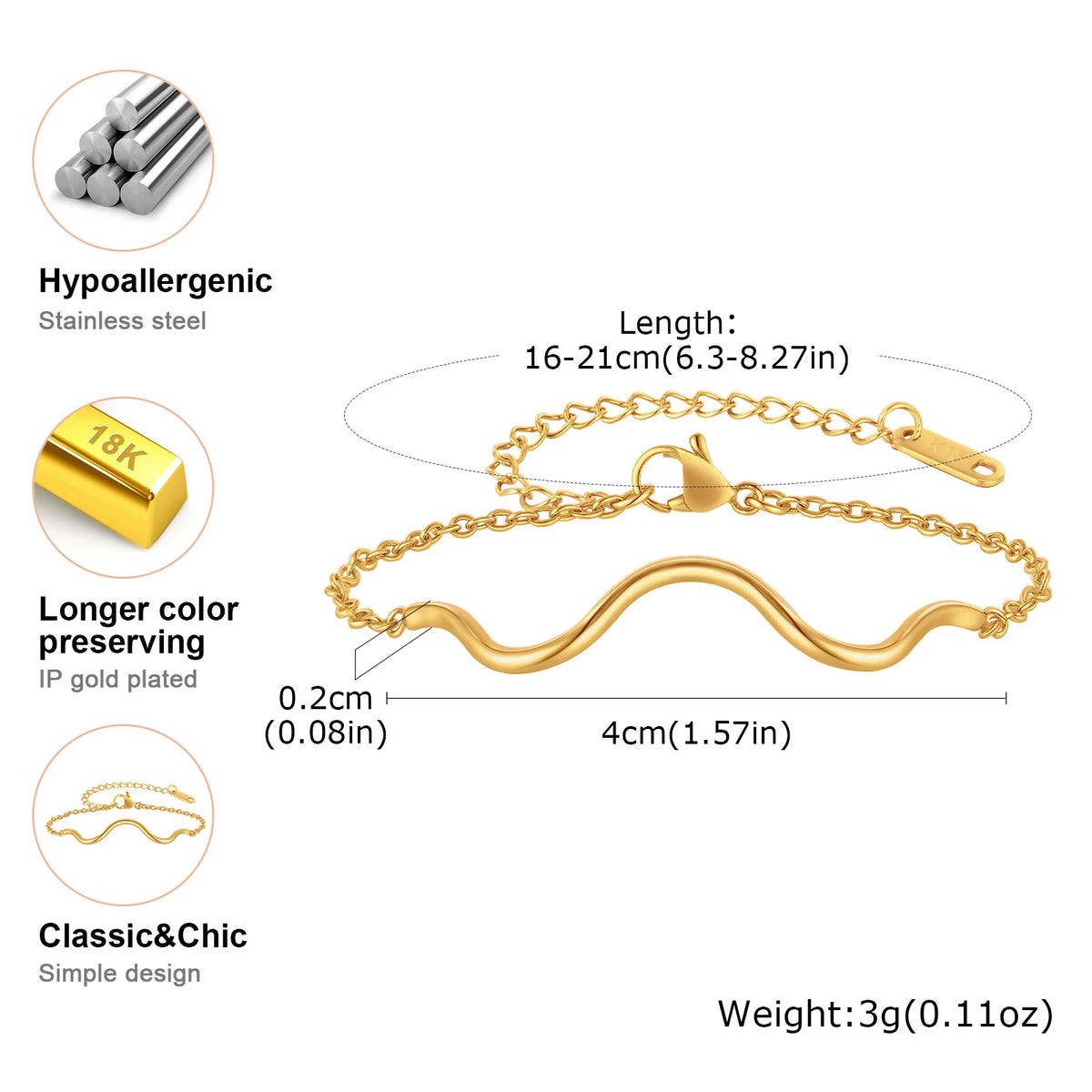 Waterproof Wave Bracelet Women – Gold Stainless Steel, Adjustable Fashion Bracelet SPOT