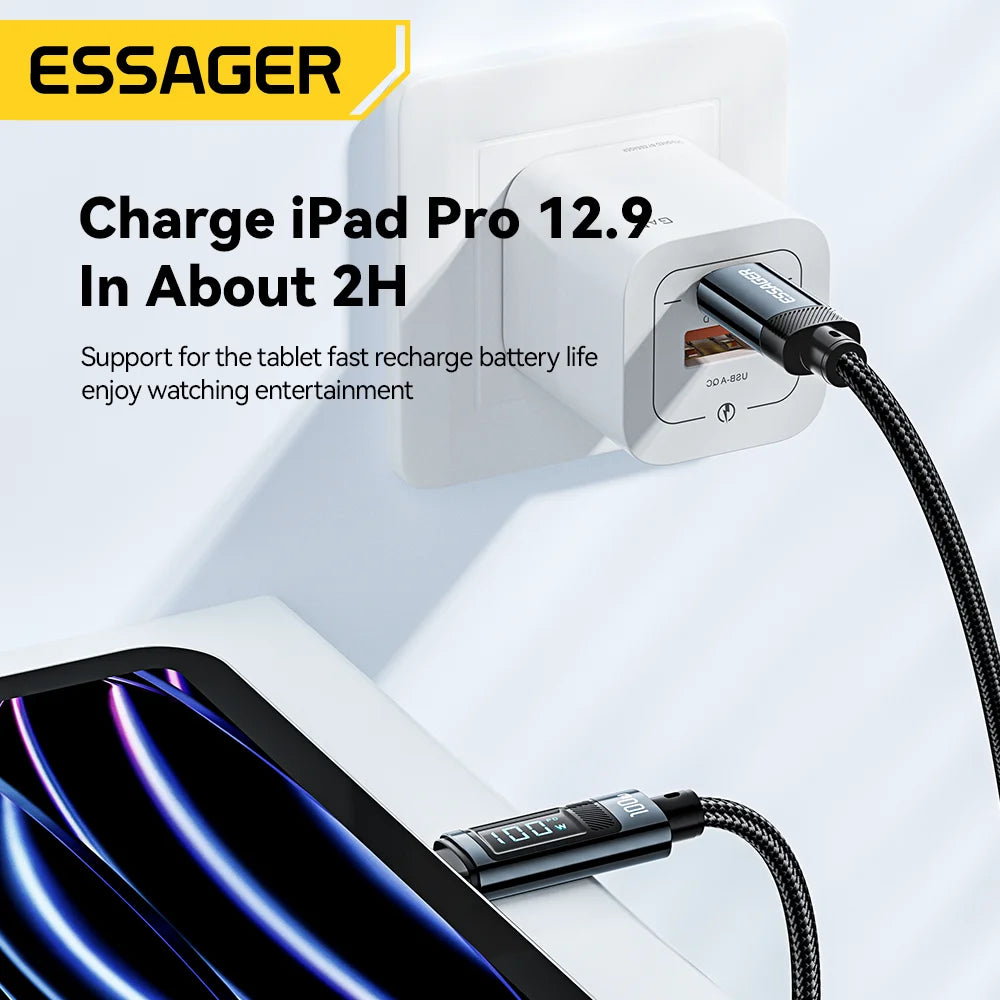 Essager 100W USB-C Cable 90° LED Display 5A PD Fast Charging USB-C Charging Cable SPOT