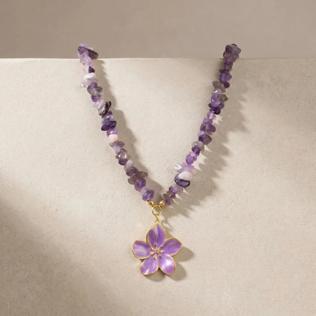Flower Pendant Necklace – Stainless Steel & Amethyst Beads Pendant Necklace SPOT