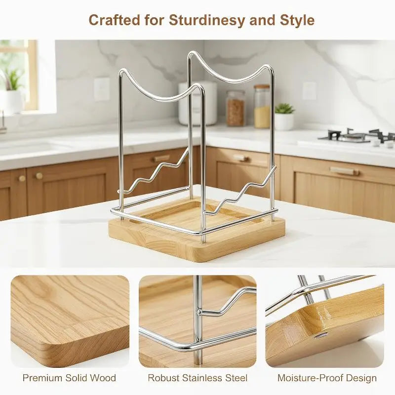 Stainless Steel Pot Lid Organizer with Wooden Drip Tray Kitchen Lid Organizer SPOT
