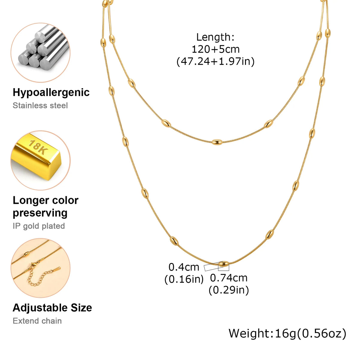 Meaeguet 47" Bead Ball Long Chain Necklace – Gold & Silver Chain Necklace SPOT