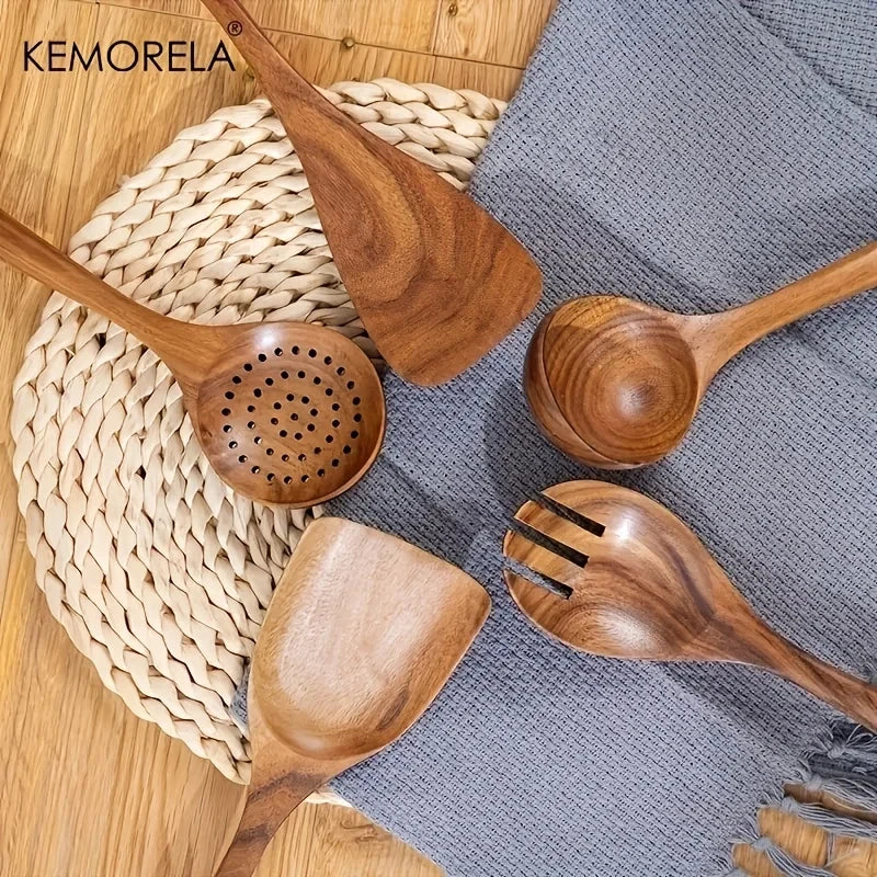 5-Piece Teak Wood Kitchen Utensil Set – Ladle, Turner & More Wooden Utensil Set SPOT