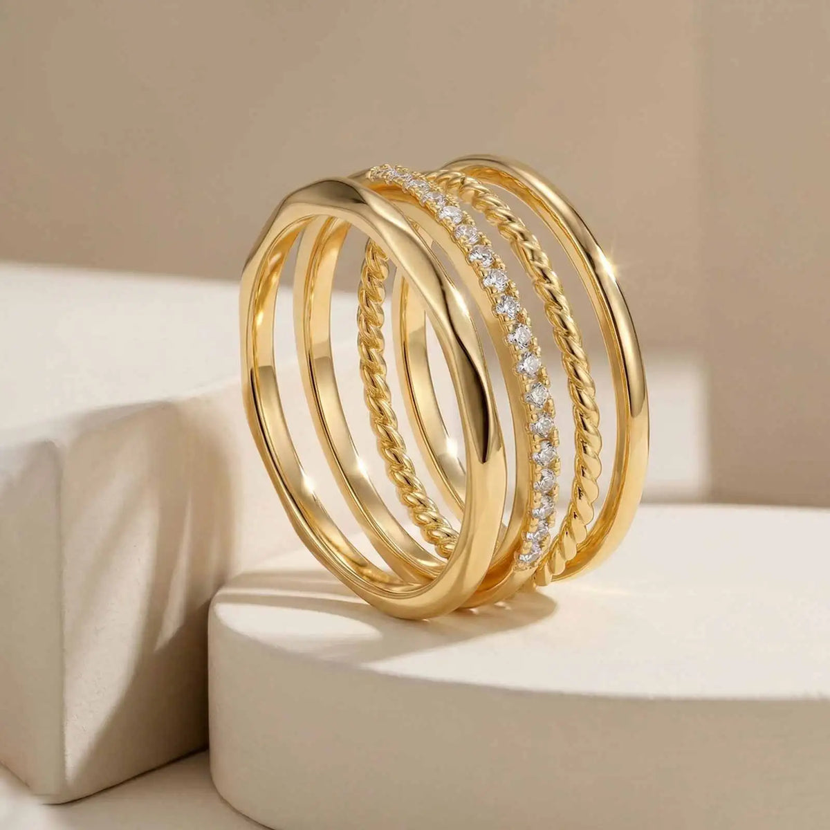 Stackable Rings Set 4pc – 18K Gold Plated CZ Twist Band Stackable Ring Set SPOT