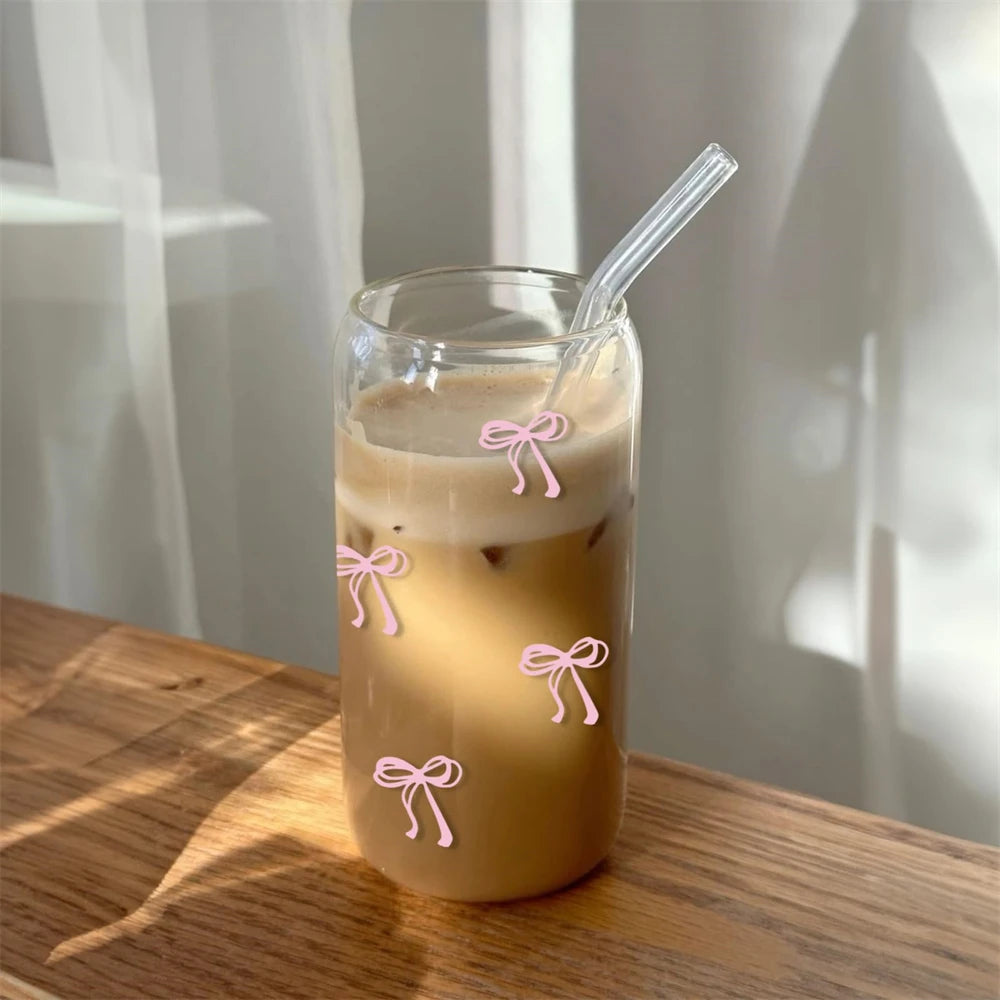 Pink Bow Glass Tumbler 18oz with Lid & Straw | Cute Cup Glass Tumbler Cup SPOT