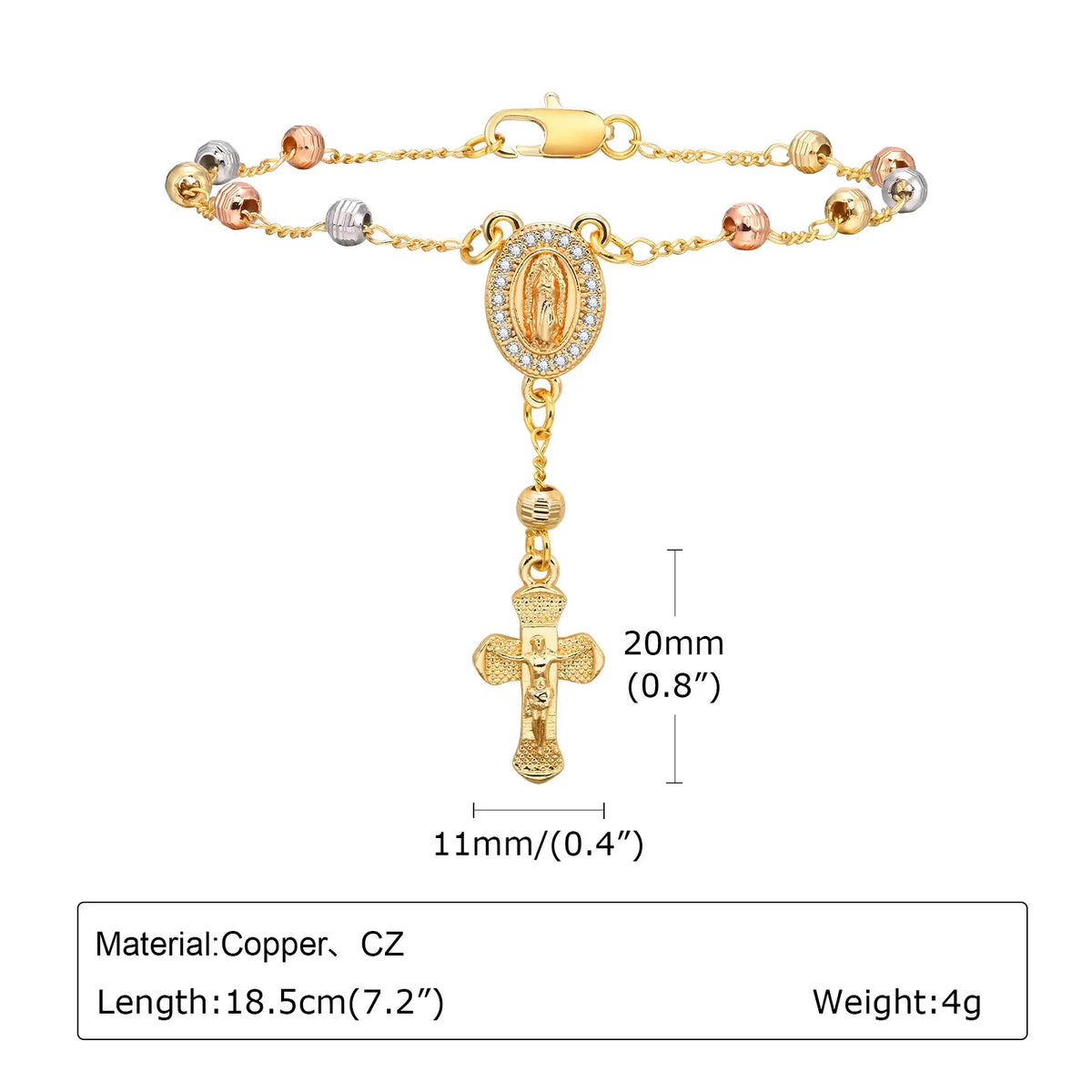 Virgin Mary Rosary Bead Cross Bracelet – Tri-Color Adjustable Religious Bracelet SPOT PBR-128