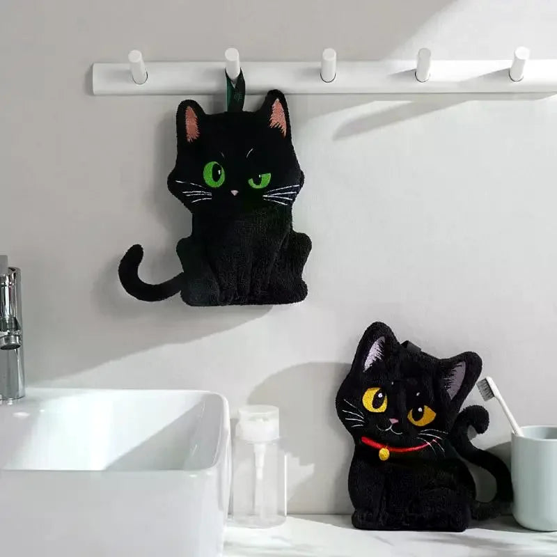 Cartoon Black Cat Hand Towel – Soft Absorbent Coral Fleece Novelty Hand Towel SPOT
