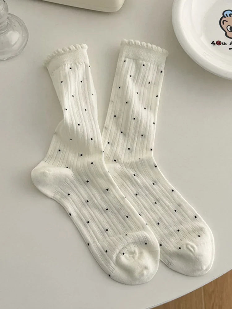 Women's Polka Dot Cotton Crew Socks – Kawaii Harajuku Style Women's Crew Socks SPOT Beige 35-39
