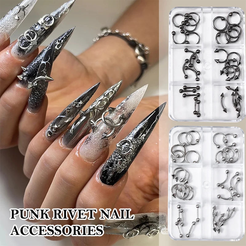 3D Punk Metal Nail Charms Black Silver Alloy Studs 20/30/60pc Nail Art Charms SPOT