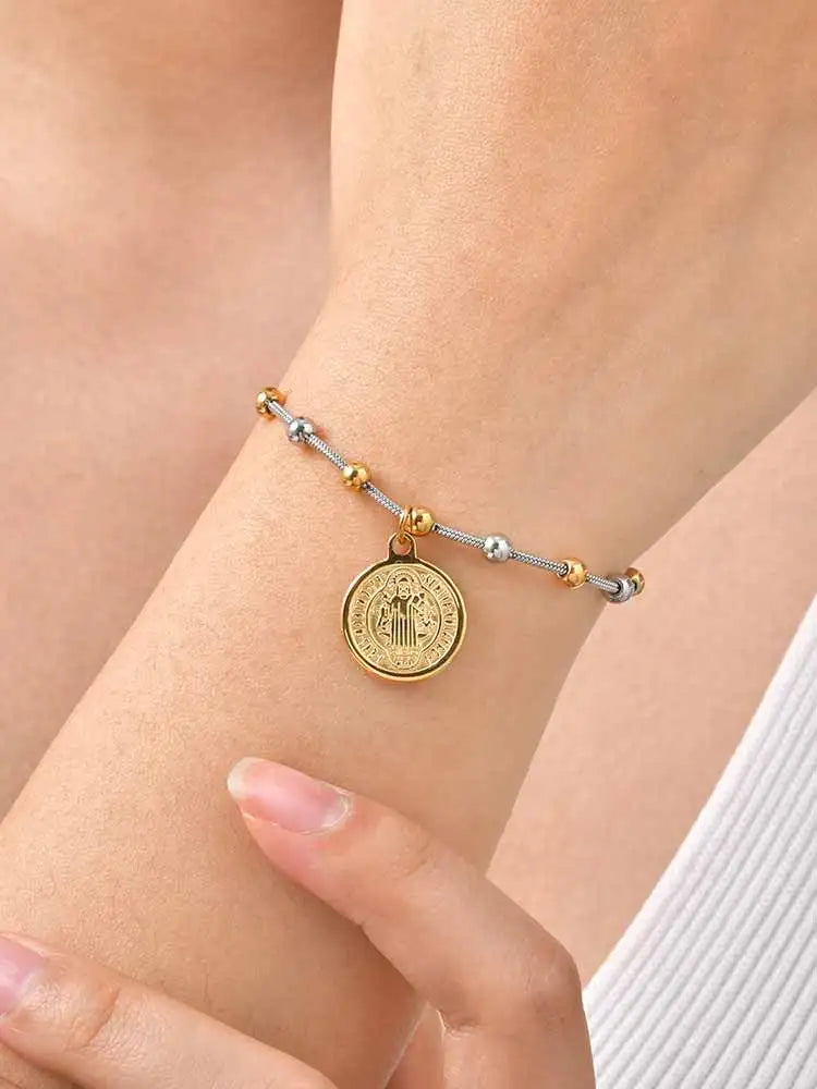 St. Benedict Cross Bracelet – Gold Plated Stainless Steel Religious Bracelet SPOT