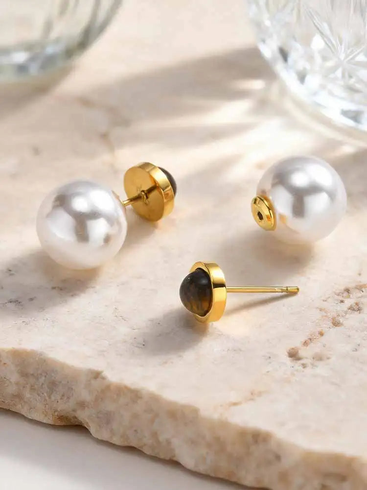 Tiger Eye Pearl Stainless Steel Stud Earrings – Gold, Waterproof Stud Earrings SPOT