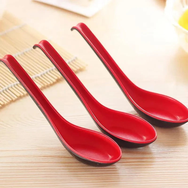 5-Pack Asian Soup Spoons with Hook – Chinese Style Red & Black Asian Soup Spoons SPOT
