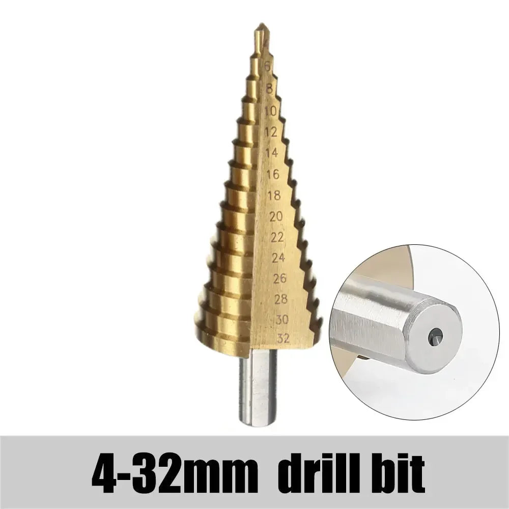 Titanium HSS Step Drill Bit Set – 3-12mm, 4-12mm, 4-20mm Step Drill Bit Set SPOT 4-32mm Triangle