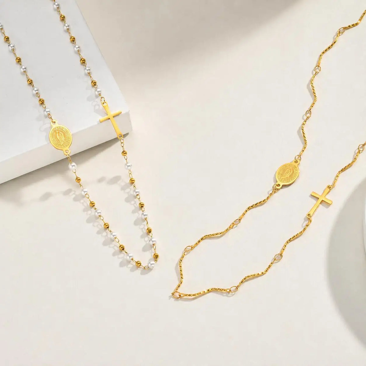 Virgin Mary Cross Necklace – 18K Gold Rosary Pearl Chain Religious Necklace SPOT