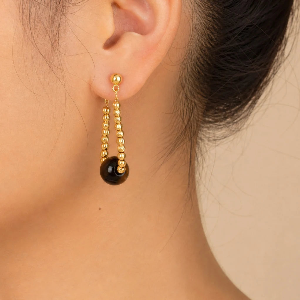 Gold Plated Tiger Eye & Pearl Beaded Drop Earrings – Meaeguet Beaded Dangle Earrings SPOT