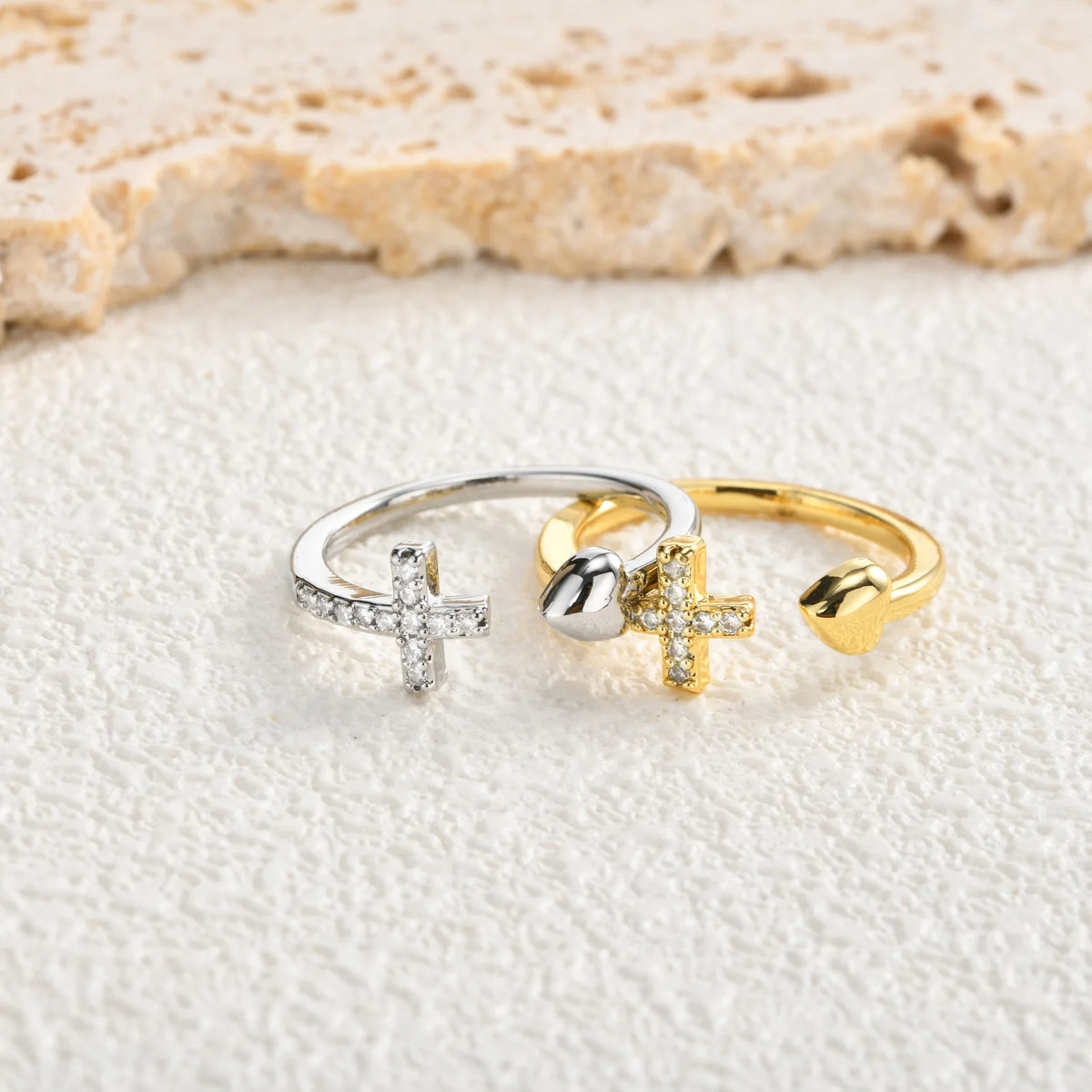 18K Gold Plated Heart Cross Ring – CZ Adjustable Open Band Fashion Ring SPOT