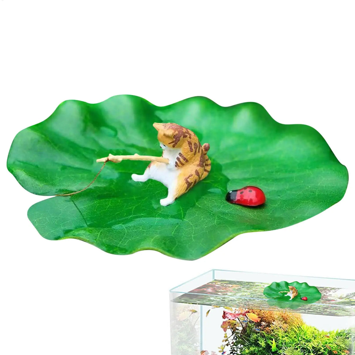 Resin Fishing Cat Aquarium Ornament – Floating Lotus Leaf Decor Aquarium Ornament SPOT