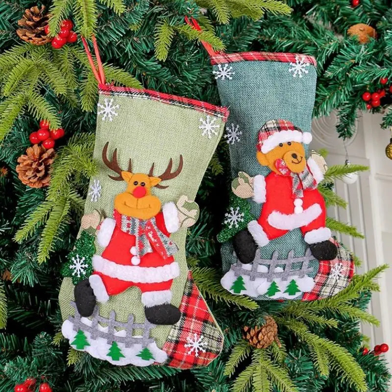 Linen Christmas Stockings 3D Reindeer & Santa – Reusable Décor Christmas Stocking SPOT