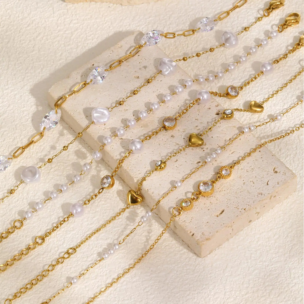 Pearl & Zirconia 18K Gold Plated Adjustable Stack Bracelet Beaded Link Bracelet SPOT