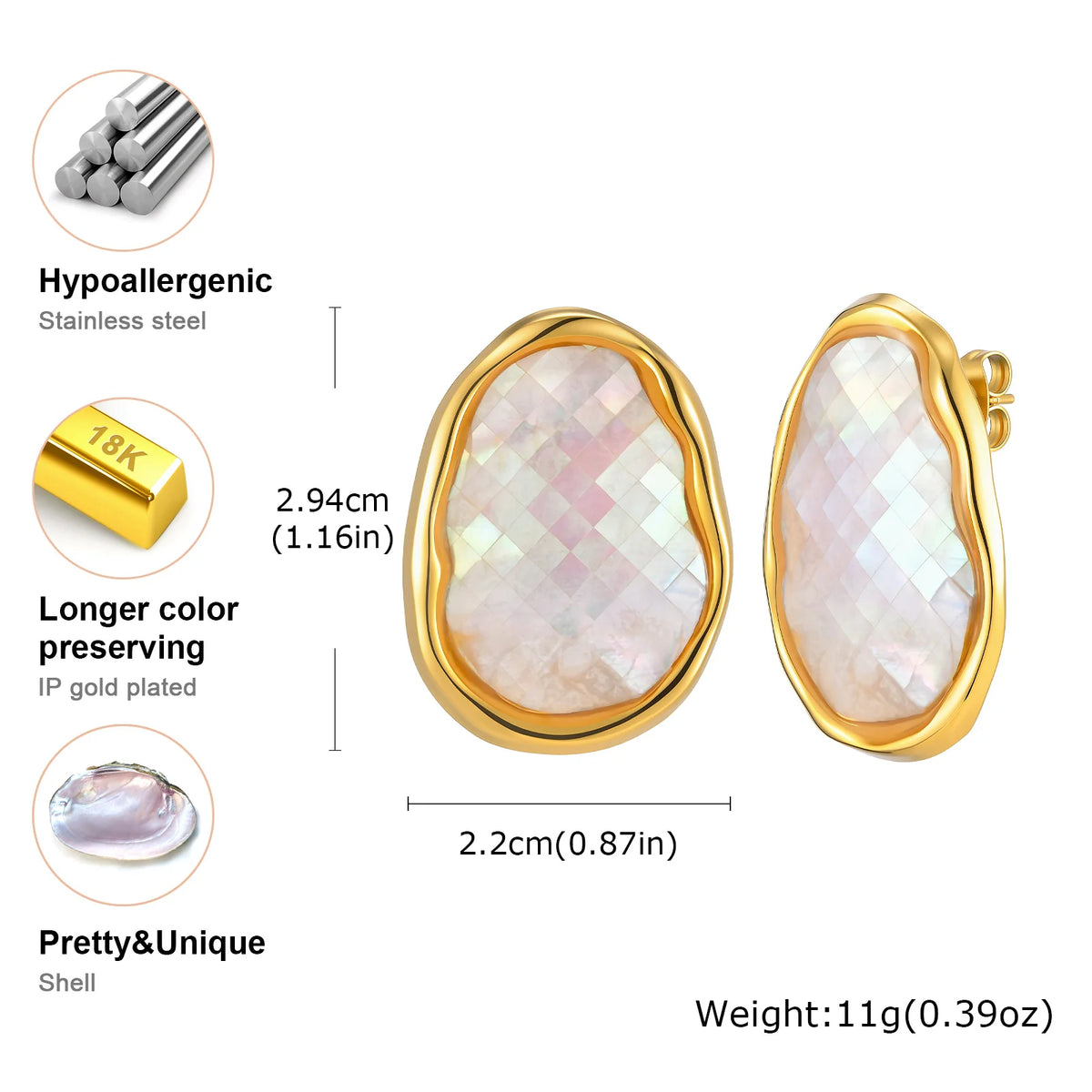 Mother of Pearl Gold Stud Earrings – Geometric Shell, Tarnish-Free Stud Earrings SPOT