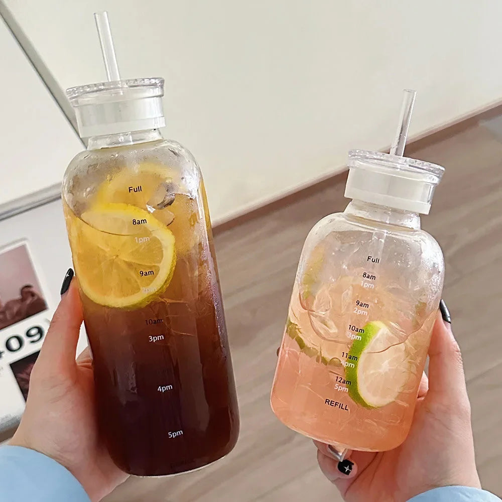 Glass Water Bottle with Time Marker, Lid & Straw – 550/750ml Glass Water Bottle SPOT